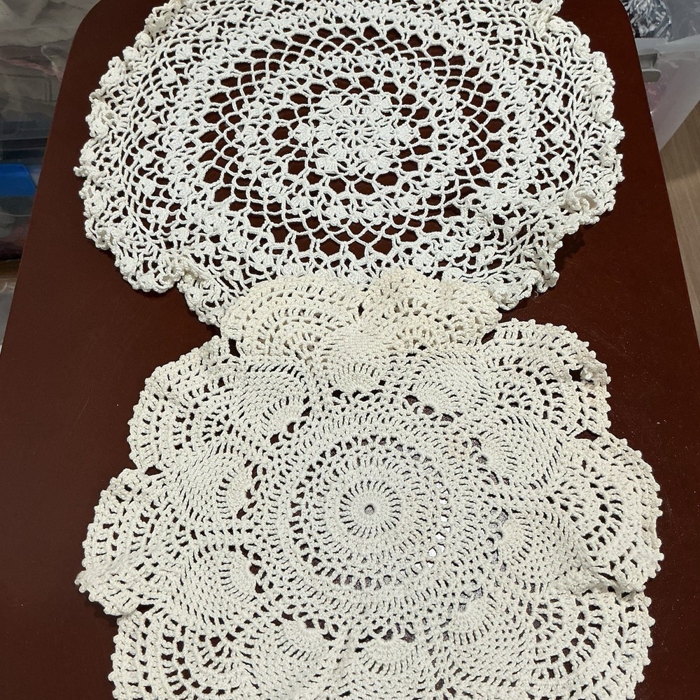 VTG Handmade Crochet Round White Doilies Various Patterns Lot Of 2 Cottagecore